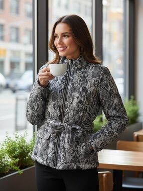 Jones New York Snake Print Quilted Belted Jacket Women's Small Gray Black